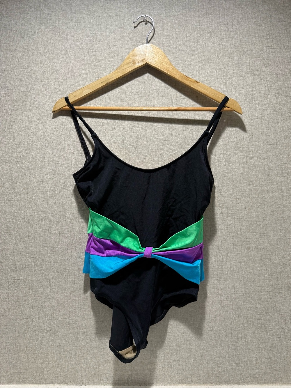 Vintage Vibrant 70’s Black One-Piece Swimsuit with Bright Color Bow Accent